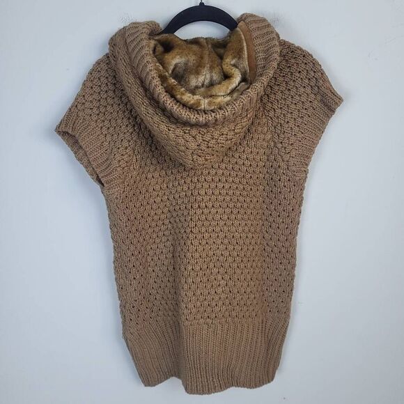 Zara Womens Snap Front Chunky Knit Cardigan Sweater Sz Medium Brown Fur Hooded - Picture 2 of 5
